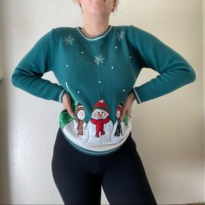 SOLD - Vintage Green Knit Crewneck Snow Pearls Snowmen Christmas Sweater M 8-10